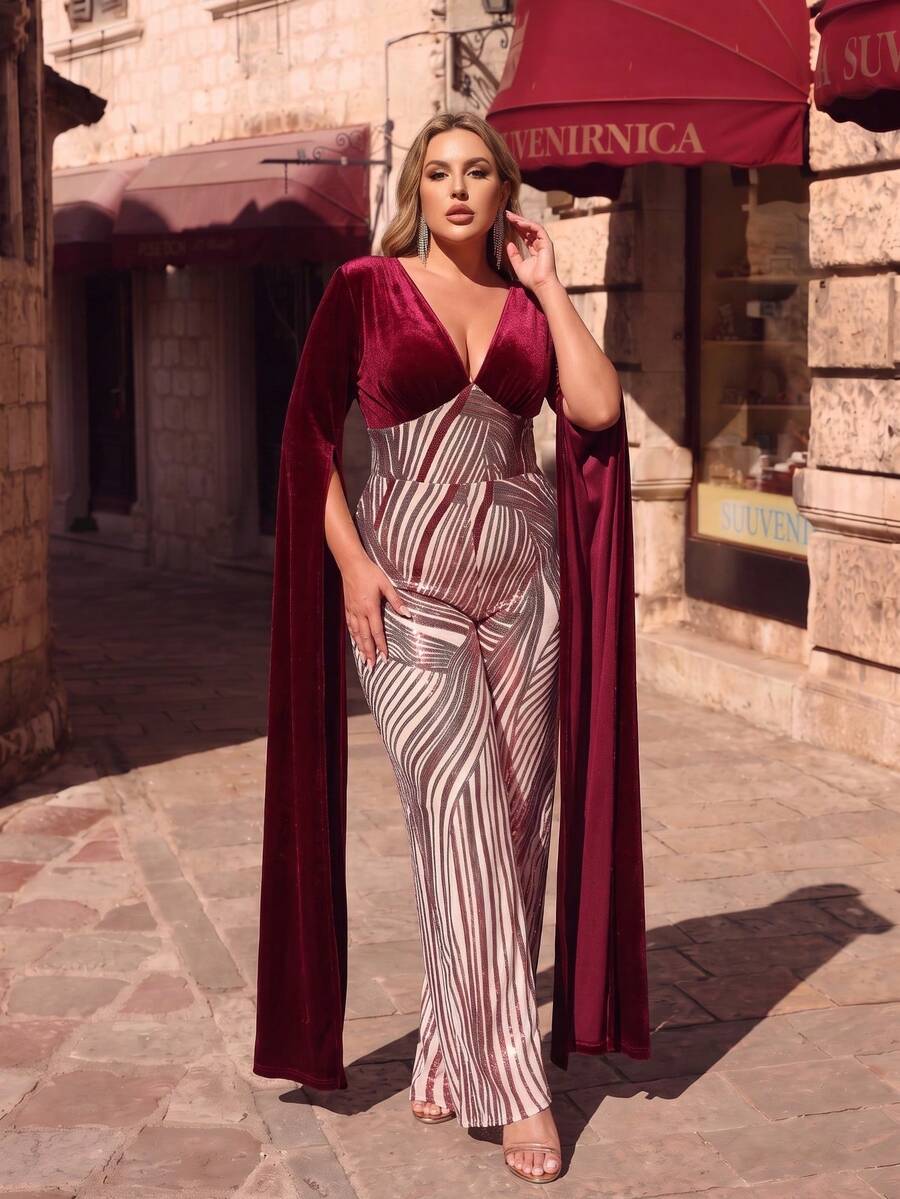 Jumpsuit dài size lớn siêu dài thanh lịch, tay xẻ, cổ V sâu, hở lưng, đính sequin phối mảng cho tiệc tối - Đỏ - Xem 1