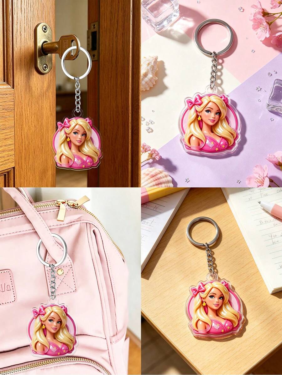 MASSDI 2D Acrylic Keychain, Pink Bow Portrait Round Frame Key Pendant, Transparent Acrylic Material, Smooth Rounded Edges, Rust-Proof Metal Key Ring, Suitable For Backpack Charm, Party Favor, Theme Party Gift And Daily Fashion Accessory - Multiple Styles - View 1