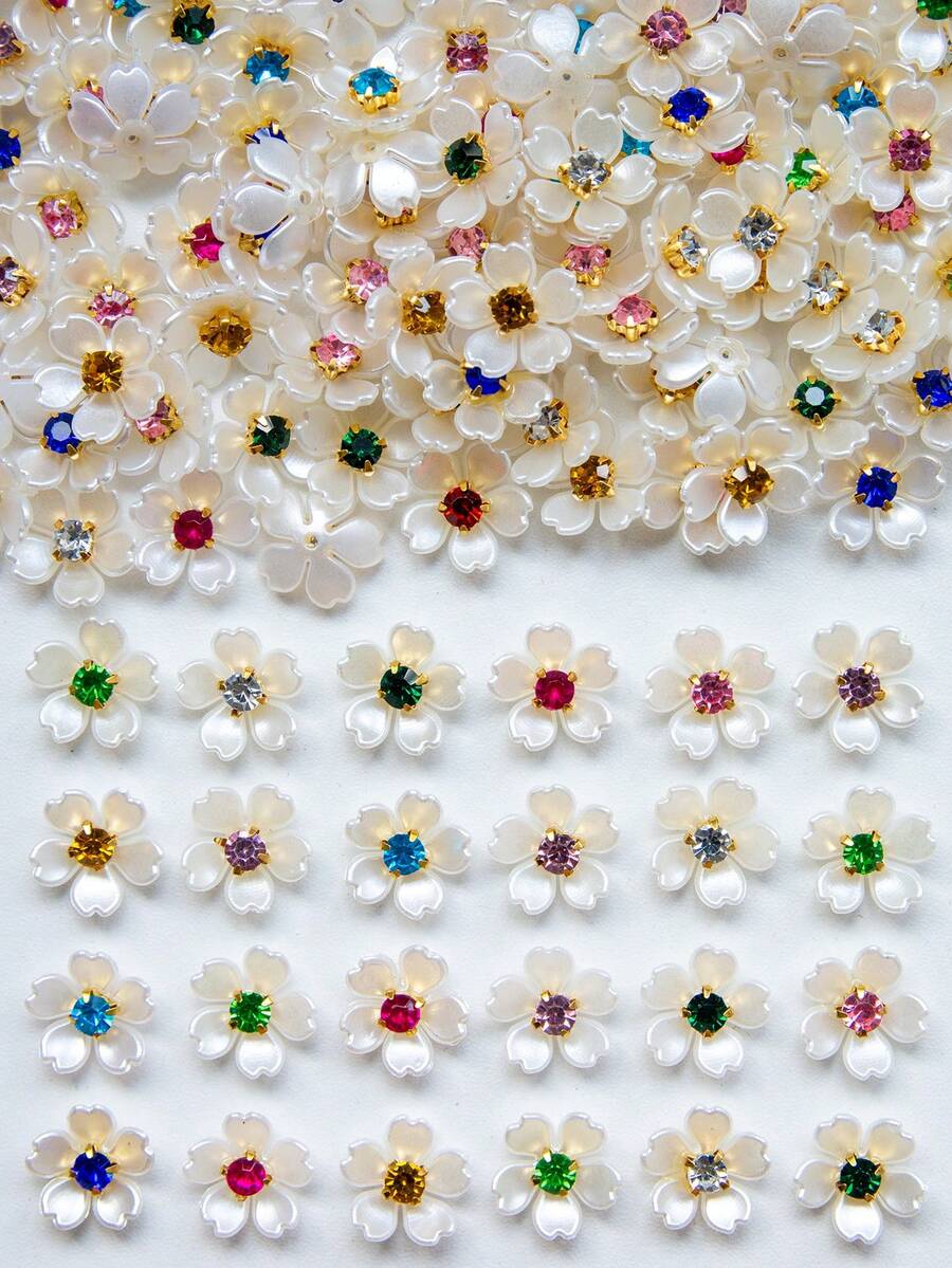 20/50/100pcs/Bag, 15mm Five-Petal Bauhinia Flower, Gold Base Claw Set With Light-Colored Rhinestones (Random Color) Resin Flower, No-Hole Pearl Flower, For Clothing Decoration - Colorful Diamond Bauhinia - View 1