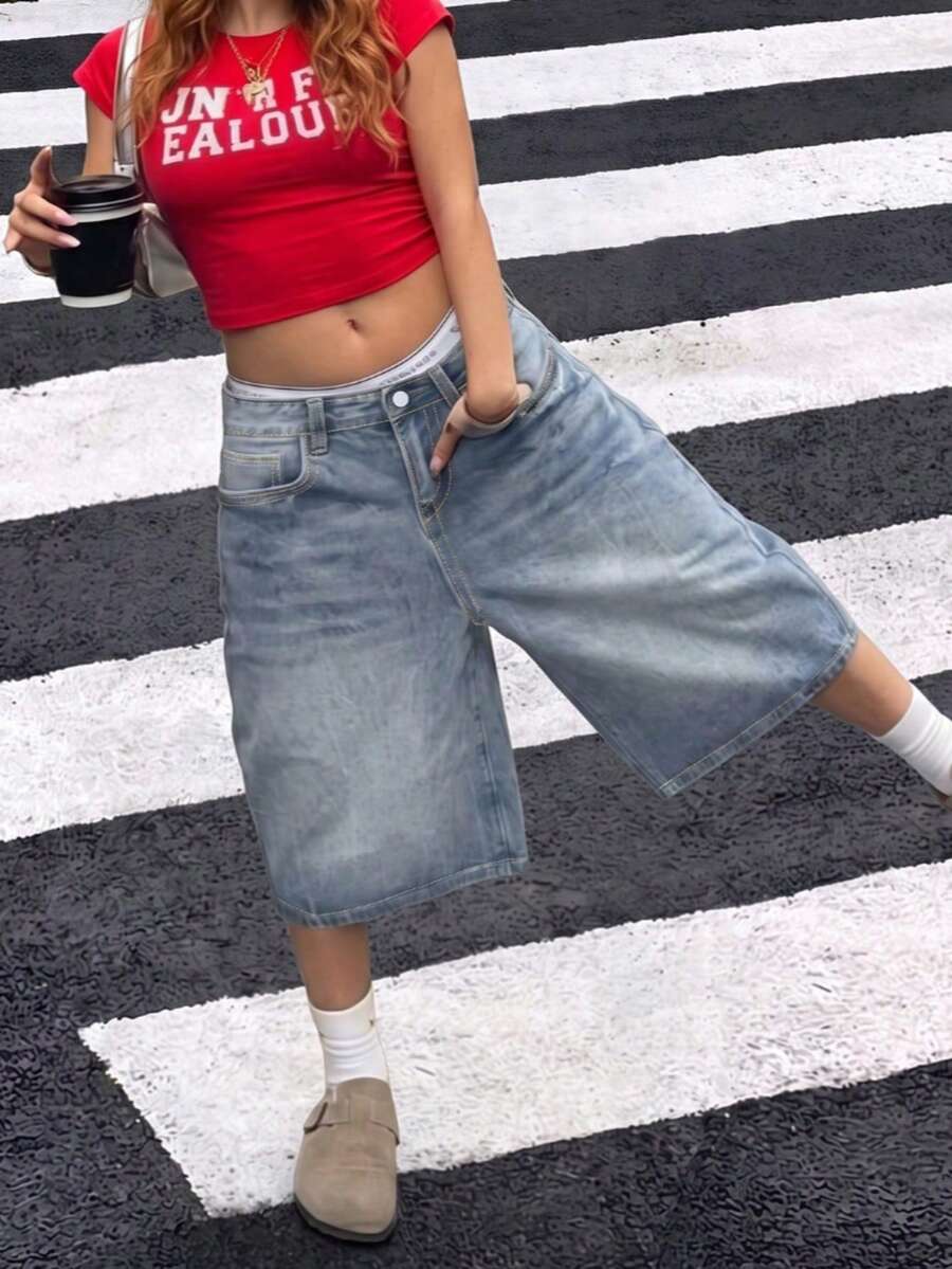 Spring/Summer New European And American Streetwear Style Mid-Waist Non-Stretch Loose Casual Plus Size Women Denim Shorts - Medium Wash - View 1