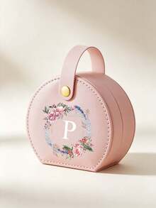 1pc/10pcsA‑Z Pink Romantic Floral Wreath Letter Jewelry Box, Semi‑Circular, Snap‑Button Carry Handle, Divided Inner Lining, Portable Personalized Case With Pink Wreath & White Letters, All‑Season Style, Great Gift For Girlfriends And Bridesmaids - Multicolor - View 29