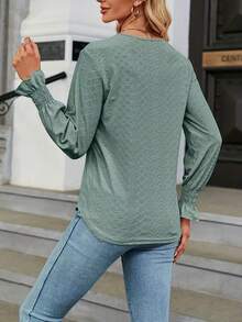 Plus Size Women's V-Neck Lace Trim Sleeve Lace Spliced Collar Shirt - Green - View 3