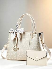 Luxury Letter Print 2-In-1 Tote Bag Set, Elegant Brown Crossbody Bag With Detachable Shoulder Strap And Matching Wallet - Beige - View 10