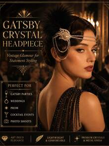 1pc Vintage Rhinestone Feather Headpiece, Women's Tassel Forehead Chain Hair Accessory For Banquet, Wedding, Ball, Party Styling - Feather - View 8