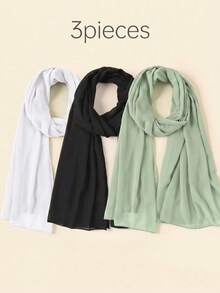3pcs Women's Solid Color Pearl Chiffon Soft Headscarf Arabic Casual Long Scarf Conservative Solid Color Headwrap Suitable For Middle East Daily Use - Black 1 Summer Bamboo Green 1 White 1 - View 3