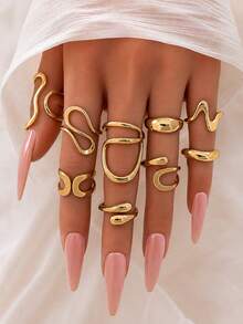 9pcs Set Fashionable Gold Geometric Open Ring Set, Women's Exaggerated Metal Asymmetrical Adjustable Ring Jewelry Accessories - Yellow Gold - View 5