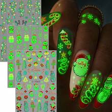 3 Sheets Glow In The Dark Christmas Nail Stickers - Luminous Cute Polar Bear & Rainbow Snowflake Design Nail Art Decals For Women Holiday DIY Manicure Gift - Colorful - View 3