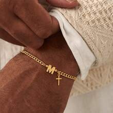 1pc New Classic Initial Cross Pendant Golden Stainless Steel Cuban Chain Bracelets For Men - Yellow Gold - View 1