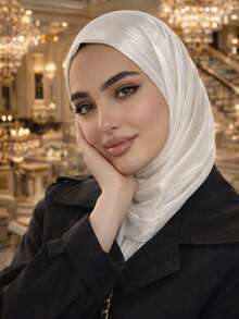 Spring/Summer New Satin Textured Modest Hijab Dark Patterned Satin Scarf Solid Color Pleated Rectangular Muslim Headscarf - White - View 2