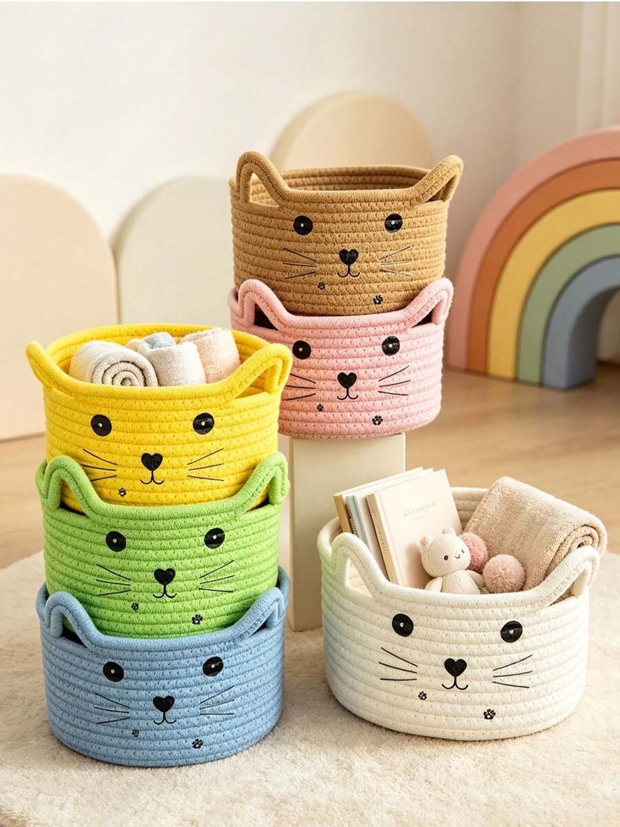 6pcs/1pc Multicolor Cat Face Pattern Storage Basket, Rope Woven Round Basket With Cat Ear Decor, Large Capacity Sundries Organizer Bin For Bedroom, Living Room, Bathroom, Home Daily Use All‑Season