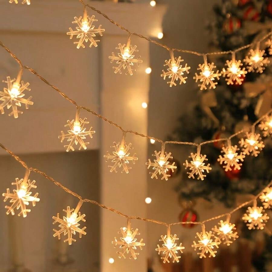 1pc 1.5/3/6m Warm White Christmas String Lights, LED Snowflake Battery Powered, Suitable For Living Room And Other Indoor Home Decor, Christmas, Thanksgiving, New Year Party, Winter And Gatherings (Battery Not Included)