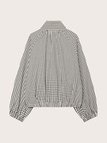 Women's Long Sleeve Stand Collar Adjustable Drawstring Hem Plaid Lightweight Jacket - Black and White - View 5