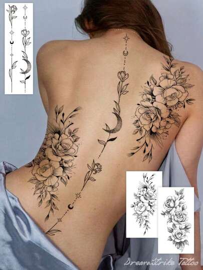 3Pcs Y2K Vintage Rose Star Moon Chain Temporary Tattoo Stickers | Back & Waist Body Art | Waterproof, 2-3 Day Wear | Perfect For Beach Parties, Festivals, Travel & Gifting