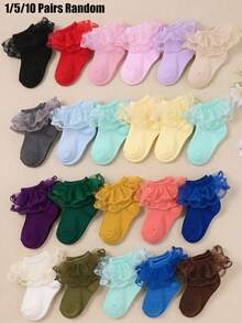 1/5/10 Pairs Random Style Girls Lace Ruffle Socks, Little Girls Autumn Clothing, Autumn Decorative Christmas Halloween Accessories, Baby Essentials Baby Socks - Multicolor - View 2