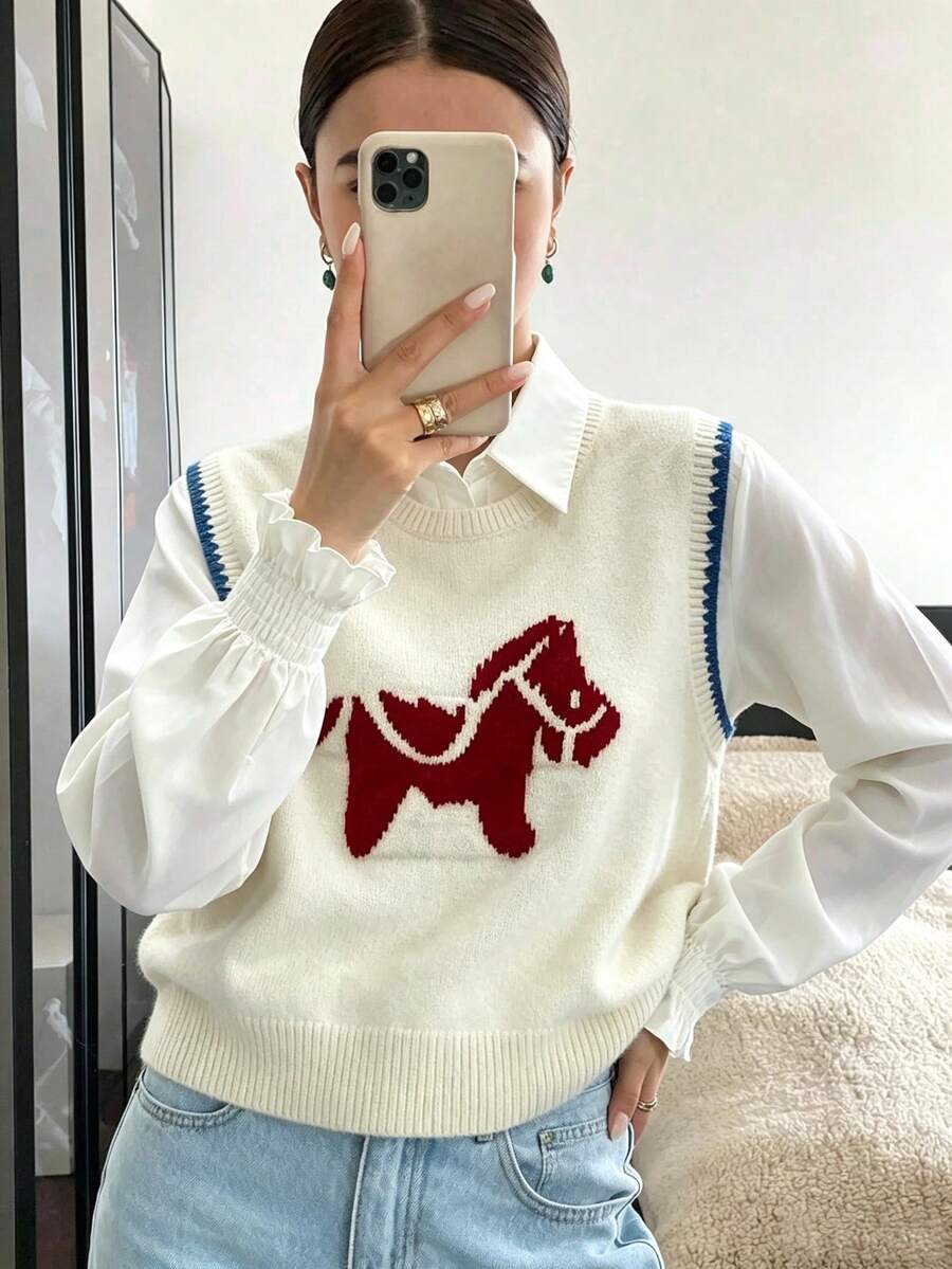女款卡通紅馬動物圖案對比色狗牙邊飾圓領休閒針織背心毛衣 - 杏色 - 查看 1