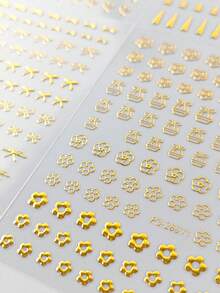 6pcs Gold Luxury Metal Minimalist Nail Art Stickers, Multiple Heart Star Bowknot Shell Cross Flower Self-Adhesive Nail Decals, Minimalist Metallic Texture DIY Nail Decoration - Multicolor - View 7