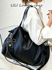 Tote Bag With Exquisite Heart Bow Charm Accessory, Soft Relaxed Body Silhouette, 3D Segmented Stitching Details, Comes With 2 Interchangeable Shoulder Straps For Multiple Carrying Styles, Large Capacity Storage Design, Minimalist Casual Style Bag, Suitable For Daily Commute, Short Trips, Shopping And Dates, Atmospheric Large Bag, Women's Bag For Various Occasions - Black - View 8