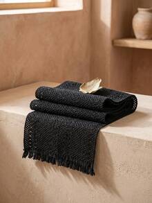 1pc Black Hollow Woven Table Runner, Modern Minimalist Style, Long Strip Shape With Tassel Edge And Hollow Texture Detail Decoration, Functional Dining Table Runner Suitable For Modern Restaurant Decor And Daily Home Decoration Scenes - Black - View 10