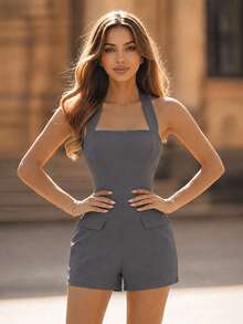 Perirose Beige Elegant Halter Neck Jumpsuit, V-Neck Design, Back Tie Detail, Side Flap Pockets - Grey - View 6