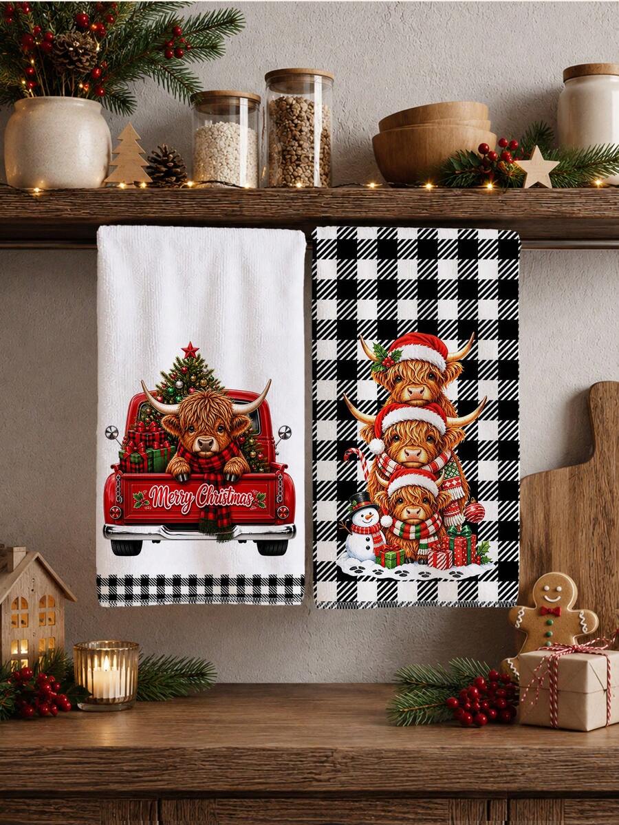 2pcs Christmas Black Plaid 3 Highland Cows Wearing Santa Hats Pattern Kitchen Towels, Soft Polyester Material Dish Cloths, Suitable For Kitchen Decor, Kitchen Cleaning, Holiday Party Decoration, Kitchen Bathroom Supplies Home Essentials, Home Decor, Housewarming Gift - Multicolor - View 1