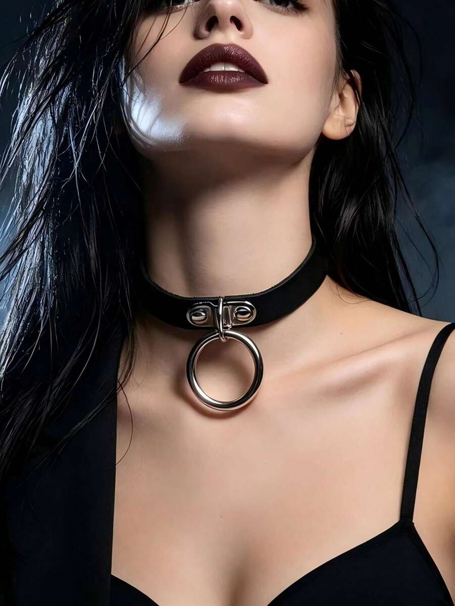 1pc Harajuku Punk Single Buckle Fashion Leather Choker Necklace - Black - View 1