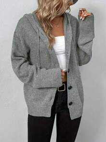 Women's Long Sleeve Single-Breasted Casual Solid Color Drawstring Hooded Cardigan Fall - Grey - View 3