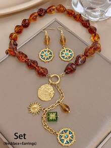 1Pc/Set Boho Irregular Amber Beaded Chain Necklace Compass Pendant Dangle Earrings Jewelry Set,For Women,Party,Daily,Birthday,Christmas/Halloween/Fall - Multicolor - View 9