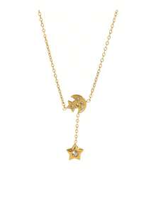 TONSI 1pc Luxury Fashion Minimalist Exotic Bohemian Style 18K Gold Plated Stainless Steel Rhinestone Moon & Star Y-Shaped Pendant Necklace, Versatile Hypoallergenic Star & Moon Pattern Collarbone Chain, Saudi National Day Muslim Festival Gift, Suitable For Women's Daily Commute, Holiday, Date Accessory - Gold - View 8