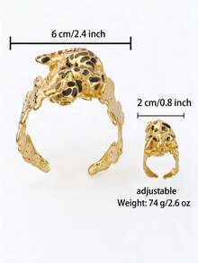 Letingsha Gold-Plated Black Enamel Leopard Print Cufflinks Bracelet And Open Ring Set, Luxury Animal-Shaped Jewelry, Suitable For Women, Perfect For Weddings, Banquets And Daily Party Accessories - Yellow Gold - View 5