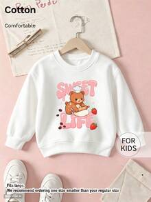 Tween Girl Crew Neck Sweatshirt, Sweet Life Chef Bear Baking Strawberry Graphic Print Soft Cotton Pullover For Tween Girl - White - View 9