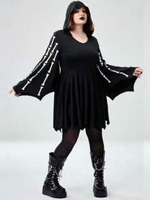 Halloween Gothic Skull Print Crew Neck Flared Sleeve Asymmetric Hem Mini Dress, Plus Size Knit Fabric - Black - View 5