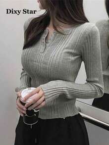 Atasan Sweater Rajut Lengan Panjang Serbaguna Wanita Model Terbaru Musim Gugur/Dingin, Elegan, Lembut, Kerah Setengah Terbuka, Kancing Depan - Grey - View 1