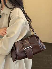 Tas Bahu Retro Bergaya Motor dengan Hiasan Gesper dan Desain Tali Bahu Lebar yang Dapat Dilepas, Cocok untuk Berbelanja, Kencan, dan Bepergian - Kopi - View 4