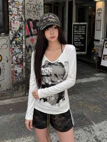 Casual Distressed Portrait Print Long Sleeve T-Shirt Women Niche Aesthetic Hot Girl Base Layer Top - White - View 8