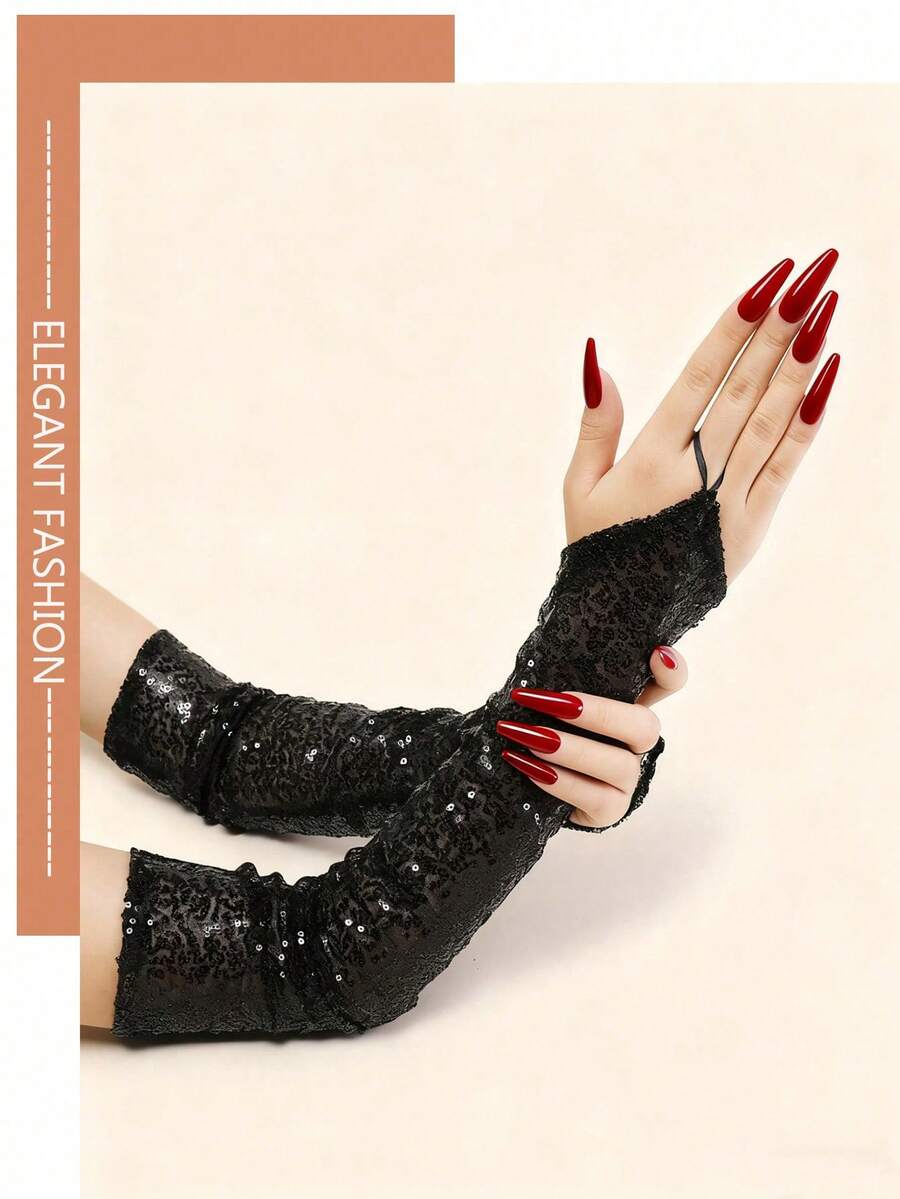 1 Pair Sequin Reflective Fingerless Long Gloves, Sexy Stage Party Performance For Women,Festival,Camping - Black - View 1