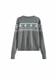Cardigan Rajut Lengan Panjang Leher Bulat Motif Fair Isle untuk Wanita - Grey - View 8