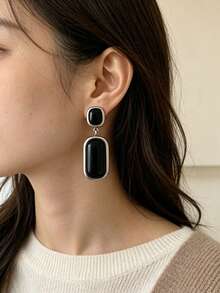 1 Pair Vintage Old Money Style Fashion High-End New Geometric Black Agate Dangle Earrings Ear Clips Women's Fashion Jewelry Accessory - Old Money Style Black Onyx Clip-on Earrings - View 2