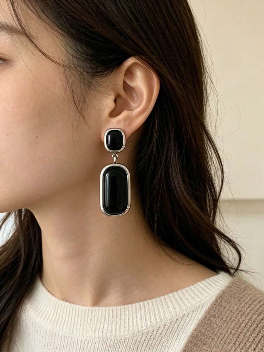 1 Pair Vintage Old Money Style Fashion High-End New Geometric Black Agate Dangle Earrings Ear Clips Women's Fashion Jewelry Accessory