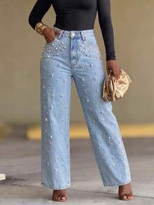 Women's Casual Versatile Denim Jeans With Pockets, Buttons And Faux Pearl Decor - Blue - View 7