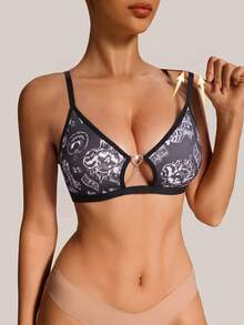 Halloween Fashion Dark Style Printed Women's Bra, Hollow Out Sexy Comfortable Lingerie - Black - View 4