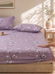 3pcs Set Sprei Fitted Motif Bunga Plum Ungu (Isi Bantal Tidak Termasuk), Set Sprei Fitted Kamar Tidur, Bahan Mikrofiber Halus, Bernapas dan Nyaman, Termasuk 1 Sprei Fitted dan 2 Sarung Bantal (Isi Bantal Tidak Termasuk), Cocok untuk Penggunaan di Asrama Sekolah. - Purple - View 2