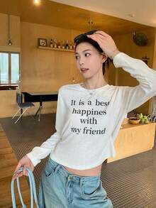 Korean Style White Lace Backless Shoulder Long Sleeve T-Shirt Women Autumn Short Design Top - White - View 4