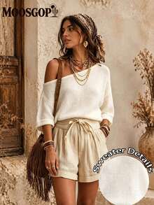MOOSGOP Women's Summer Beach Vacation Style Versatile Minimalist Fashionable Cold Shoulder Knit Short Sleeve Top, Mature Sexy Asymmetrical Shoulder Dropped Shoulder Knit Top, Women's Spring/Summer Loose Five-Point Sleeve Knit Sweater, Casual Outing Versatile Top, Suitable For Summer Beach Vacation Outfits - Apricot - View 1