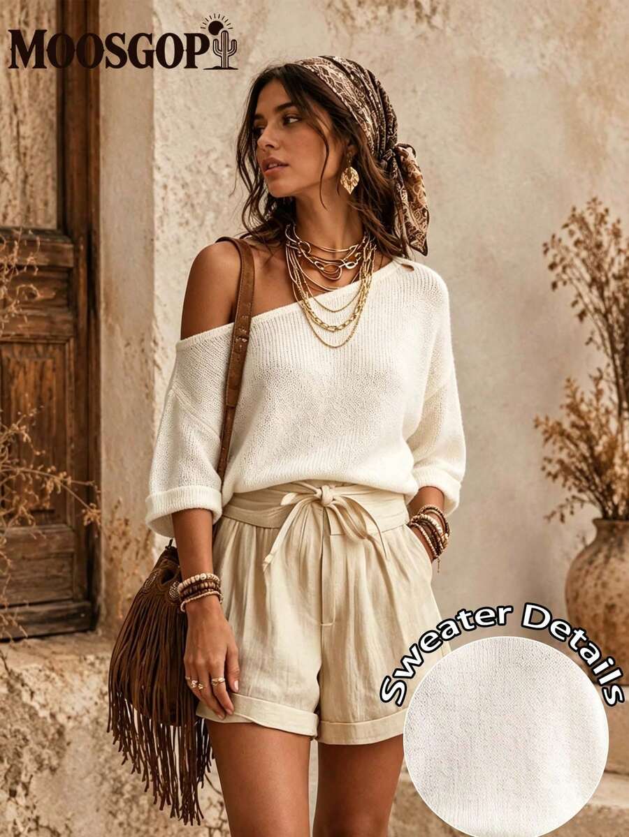 MOOSGOP Women's Summer Beach Vacation Style Versatile Minimalist Fashionable Cold Shoulder Knit Short Sleeve Top, Mature Sexy Asymmetrical Shoulder Dropped Shoulder Knit Top, Women's Spring/Summer Loose Five-Point Sleeve Knit Sweater, Casual Outing Versatile Top, Suitable For Summer Beach Vacation Outfits - Apricot - View 1