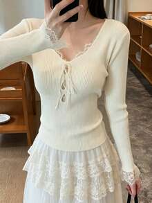Minimalist Sexy V-Neck Knit Sweater Women Korean Style Autumn New Slim Fit Long Sleeve Pullover Base Layer Top Random Cut - Apricot - View 2