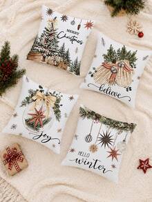 Christmas Tree Holly Ball Illustration Pattern Cushion Cover 4pcs Set, Single-Sided Printed Peach Skin Velvet Polyester Material, 45*45CM Pillowcase For Modern Fabric Sofa Indoor Decoration, Party Decor, Gift Giving - Multicolor - View 7