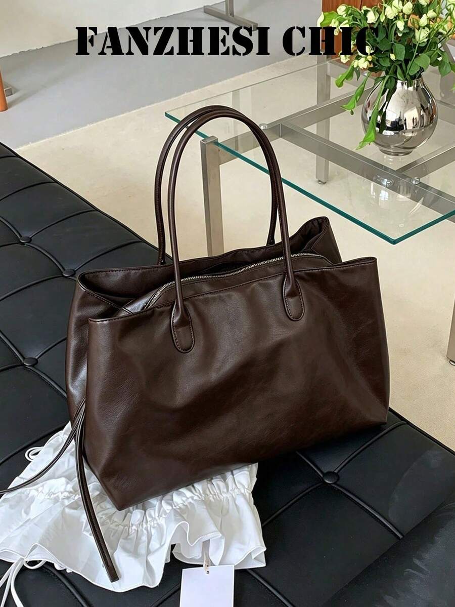 Classic Coffee Textured Tote Bag, Handheld & Shoulder Carry, Open Top, Large Capacity, Minimalist Luxury Style, Women's Daily Commute & Shopping Tote Bag - Coffee - View 1