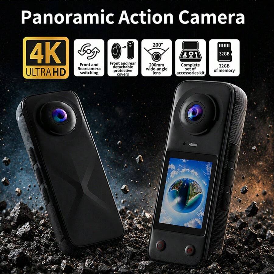 4K Ultra HD Panoramic Action Camera, 200° Wide Angle Switchable Dual Front And Rear Lens, 2.0-Inch Screen, 1500mAh Battery, Can Be Used As PC Webcam. 32GB Storage Card, Compact And Durable Outdoor Action Camera, Suitable For Outdoor Sports, Cycling, Travel And More - View 1