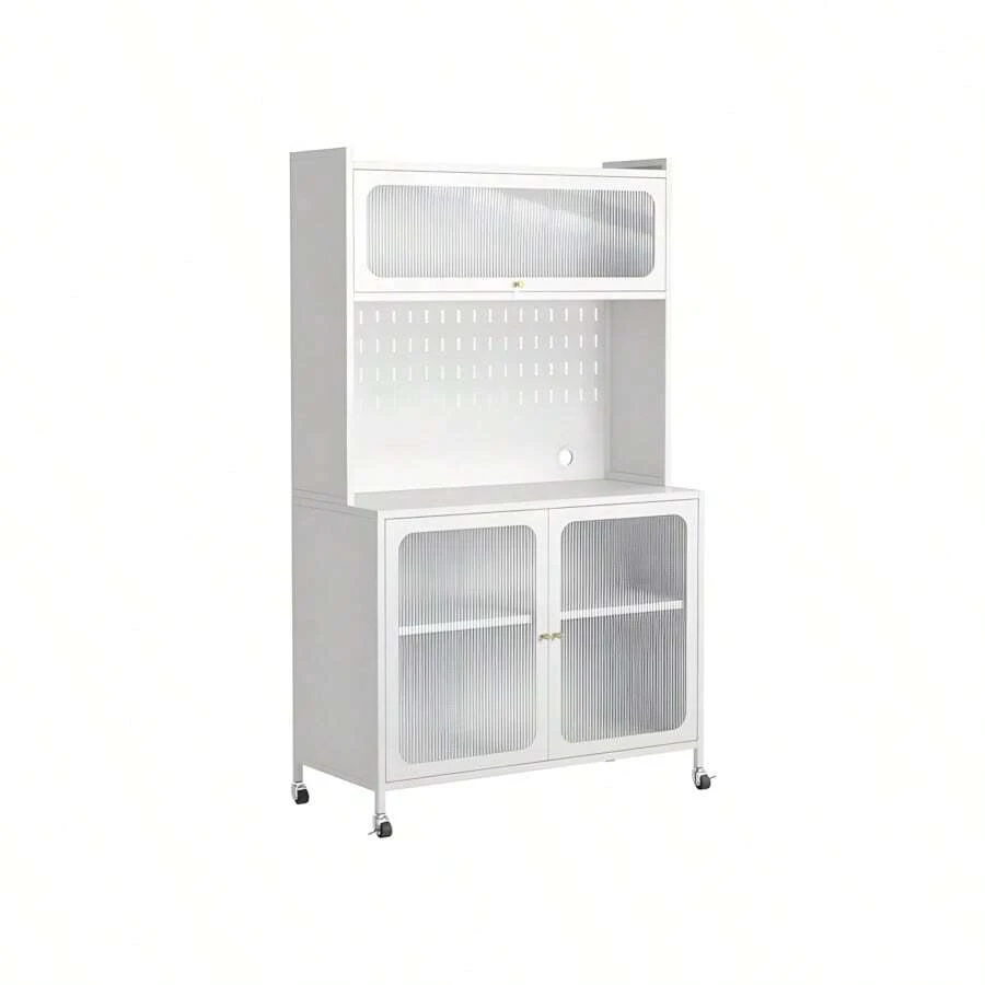 Cupboard Kitchen Counter Slim Kitchen Storage Glass Door Kitchen Wagon Kitchen Board Fashionable Kitchen Cabinet Kitchen Stocker 100cm Cupboard Cookin - ホワイト + 炭素鋼 + キッチン - チェックする 1