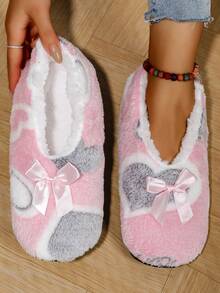 Casual Indoor Slippers Comfortable Warm Home Slippers Cute Heart Pattern Bow Women's Shoes - Grey - View 7